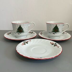 Kopin Porcelain Ware Christmas Pleasure Tea Cup X2 Saucers X3 Vintage Indonesia